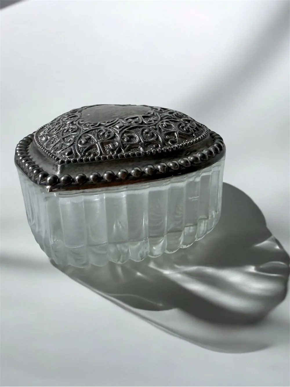 Ornate Silver-Topped Glass Trinket Box - Clear Glass